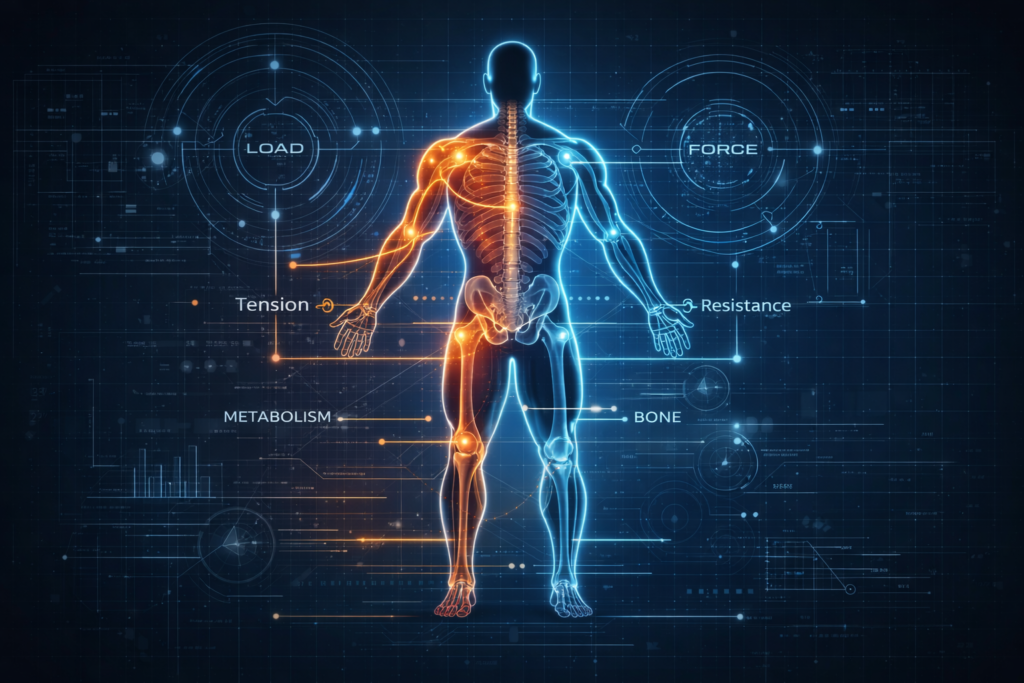 Blueprint visualization of the Iron Shift Framework showing human strength, metabolism, and system integration